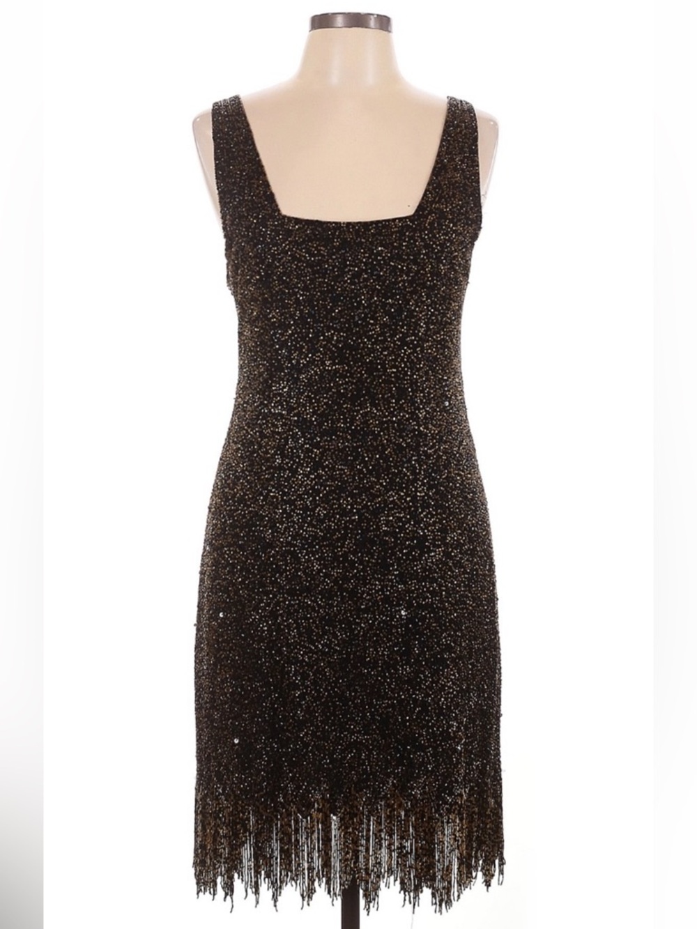 Mark & John by Gopal Heavily Beaded Dress Fringe Hem Black Bronze Silk Large